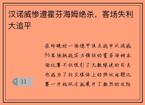 汉诺威惨遭霍芬海姆绝杀，客场失利大追平