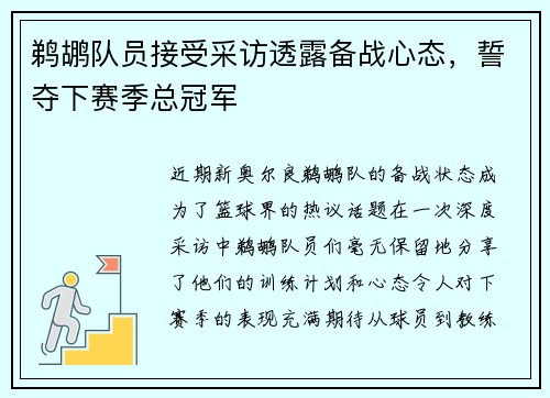 鹈鹕队员接受采访透露备战心态，誓夺下赛季总冠军